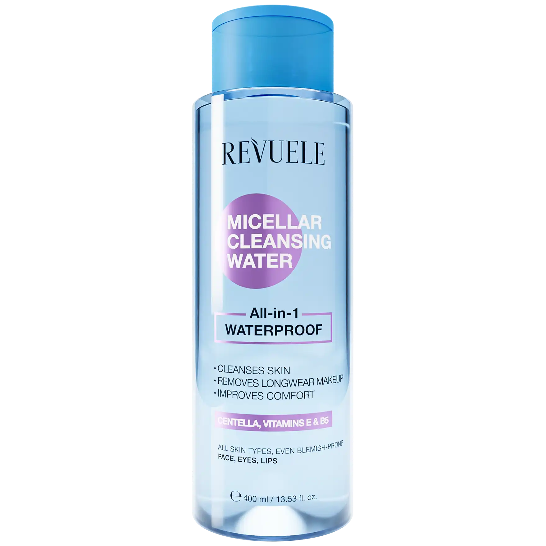 REVUELE Eau Micellaire Nettoyante Tout-en-1 Waterproof 400ml Démaquillant Micellaire Visage Yeux Lèvres Nettoyage Express
