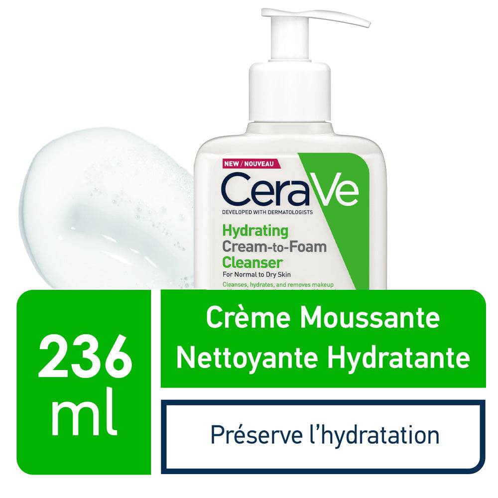 CERAVE Crème Moussante Nettoyante Hydratante Démaquillage Doux Peaux Sèches