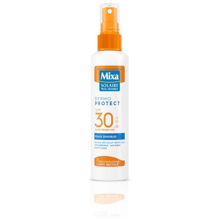 MIXA Solaire Adult Spray Peaux Sensibles SPF30+ 150ml Protection Solaire Haute Tolérance Hypoallergénique Résistant Eau Formule Douce