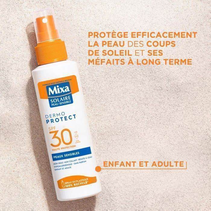 MIXA Solaire Adult Spray Peaux Sensibles SPF30+ 150ml Protection Solaire Haute Tolérance Hypoallergénique Résistant Eau Formule Douce