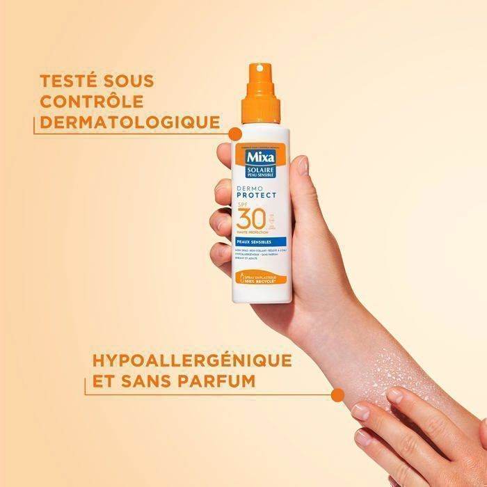 MIXA Solaire Adult Spray Peaux Sensibles SPF30+ 150ml Protection Solaire Haute Tolérance Hypoallergénique Résistant Eau Formule Douce