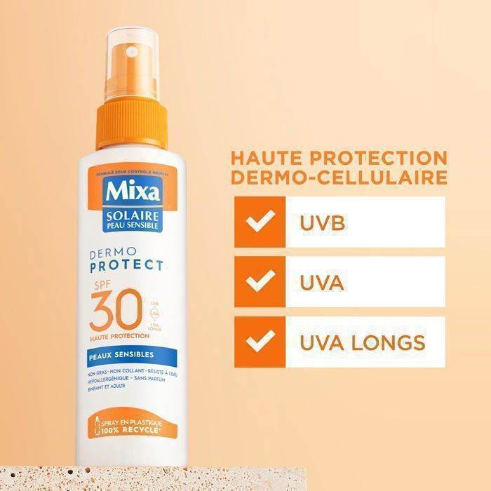 MIXA Solaire Adult Spray Peaux Sensibles SPF30+ 150ml Protection Solaire Haute Tolérance Hypoallergénique Résistant Eau Formule Douce