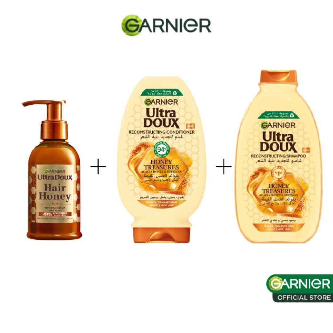 GARNIER Routine Ultra Doux Pack Complet Shampooing 200ml + Sérum 120ml + Après-Shampooing 200ml Soin Capillaire Cheveux Secs Abîmés