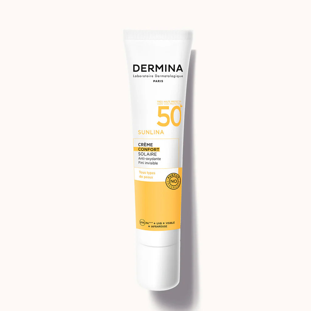 DERMINA Sunlina Crème Confort SPF50+ 40ml Protection Solaire Très Haute Peau Sensible Hydratante Anti-Âge