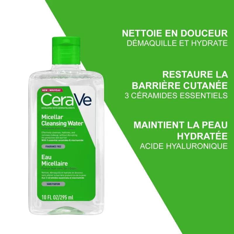 CERAVE Eau Micellaire 295ml Démaquillage Douceur 3-en-1 Tous Types Peaux