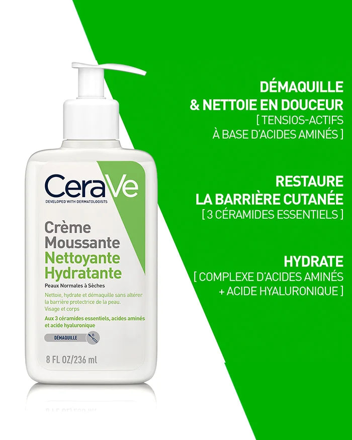CERAVE Crème Moussante Nettoyante Hydratante Démaquillage Doux Peaux Sèches