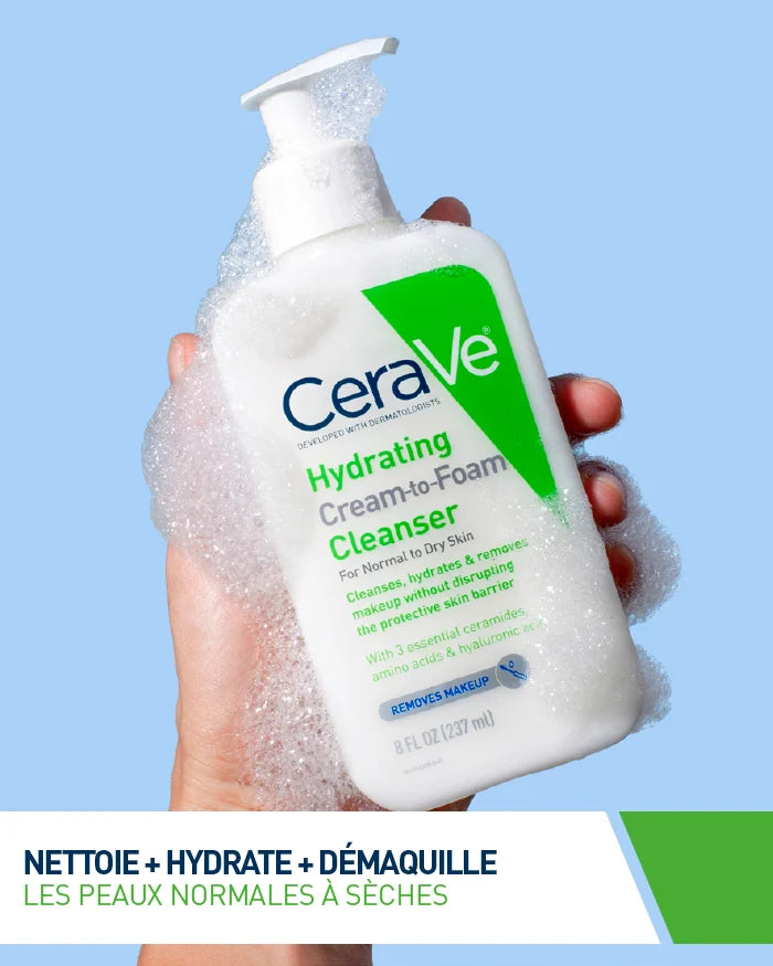 CERAVE Crème Moussante Nettoyante Hydratante Démaquillage Doux Peaux Sèches