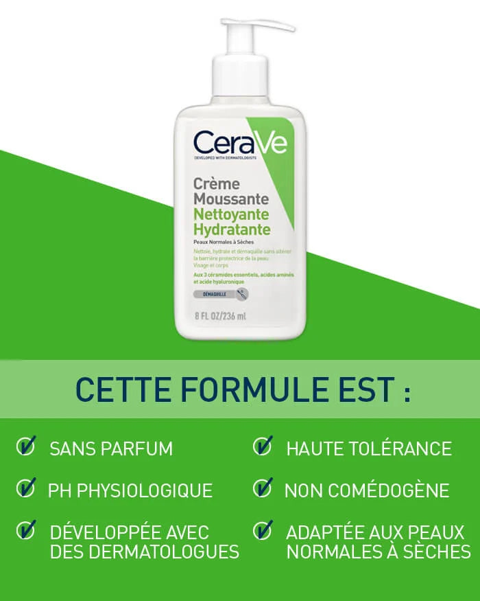 CERAVE Crème Moussante Nettoyante Hydratante Démaquillage Doux Peaux Sèches