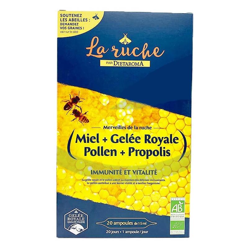 DIETAROMA BIO LA RUCHE MEIL + GELEE ROYALE + POLLEN + PROPOLIS 20 AMPOULES