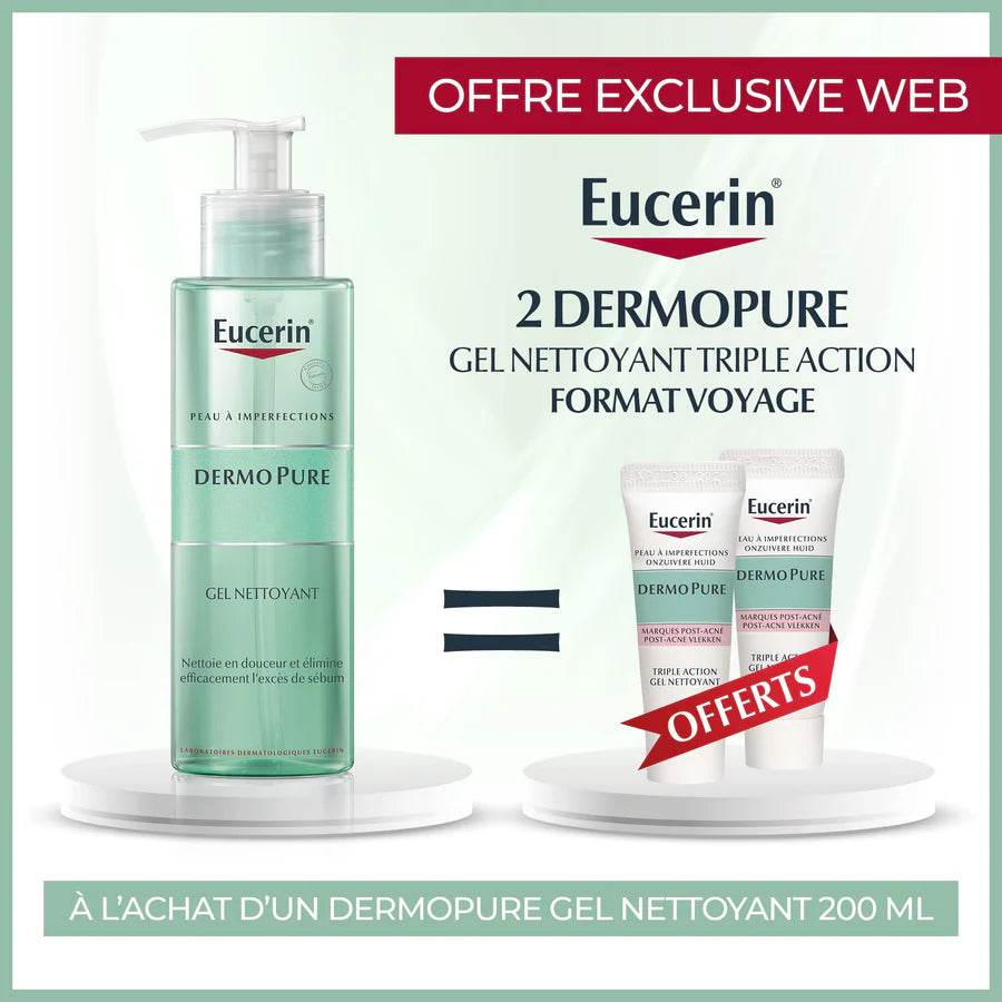 EUCERIN DERMOPURE Gel Nettoyant 200ml = 2 Gels Format Voyage OFFERTS – Pack Anti-Acné