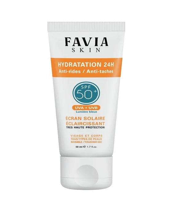 FAVIA DERMATOLOGIE Skin Écran Solaire Éclaircissant SPF50 Hydratation 24H Anti-Rides Anti-Taches 50ml Protection Solaire
