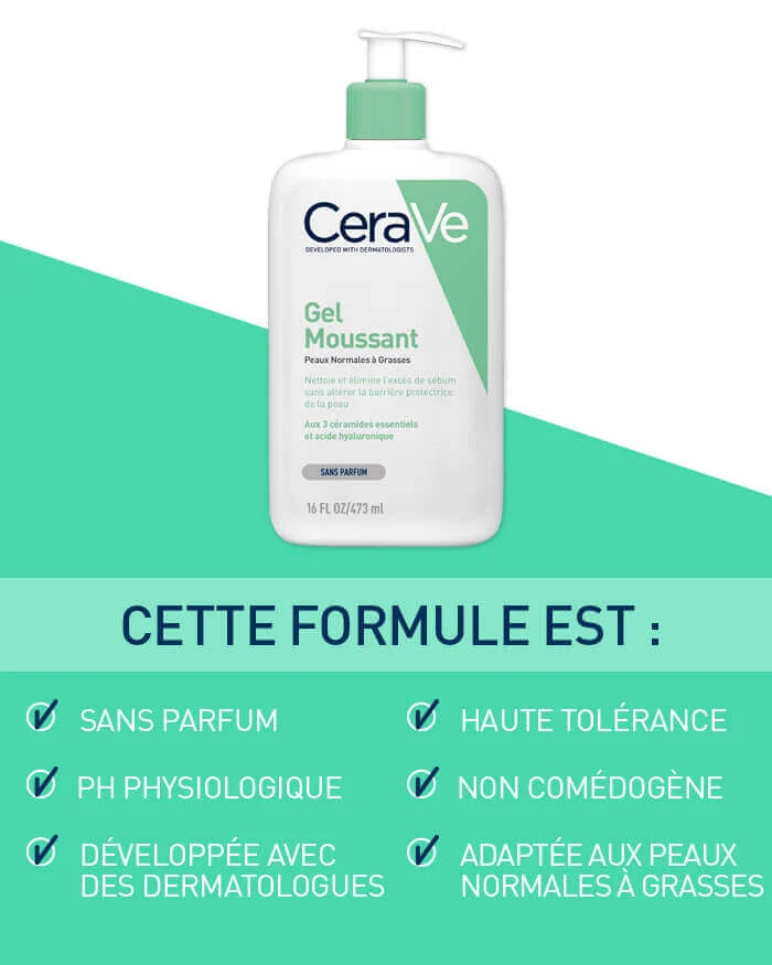 CeraVe Gel Moussant Nettoyant 236ml – Purification & Équilibre Peaux Normales à Grasses